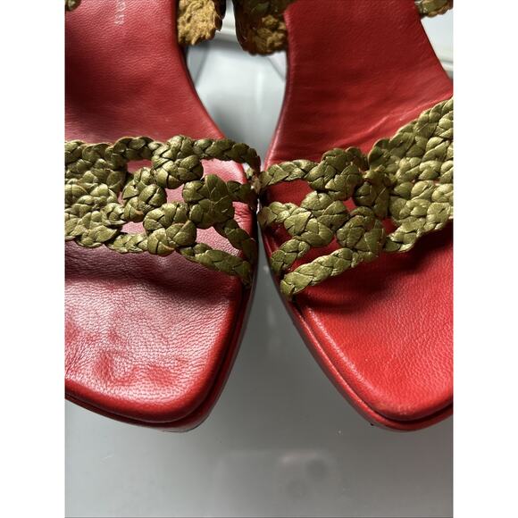 stephane kelian Paris WOVEN Leather Platform Sandals GOLD RED BLACK 6 1/2 7 euc - Picture 10 of 16